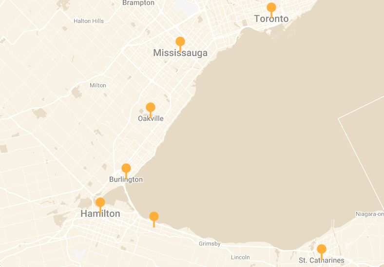 Map of the Greater Toronto and Niagara area, marking NxtEd's five tutoring locations: Toronto, Mississauga, Oakville, Hamilton and St. Catharines